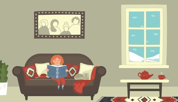 Illustration von kleinem Mädchen, das auf dem Sofa ein Buch liest.
