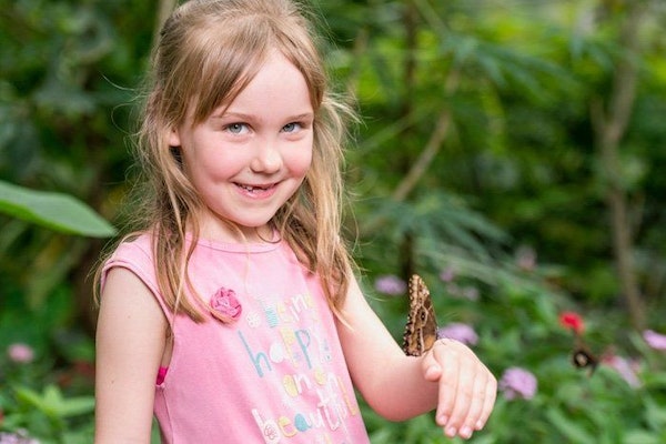 Ein Mädchen in rosarotem Oberteil lächelt, weil ein Schmetterling auf ihrer Hand sitzt.