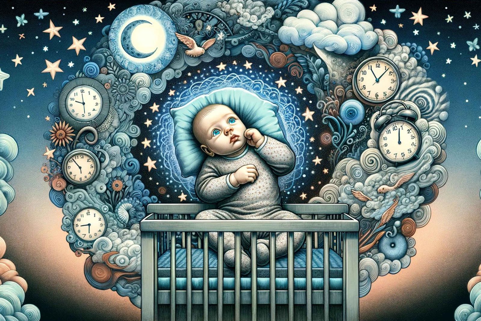 Ein Baby liegt auf dem Rücken in einem Gitterbett und blickt nach oben, umgeben von einem traumartigen Himmel voller Sterne, Mondphasen und schwebenden Uhren, die ein surreales Gefühl der Zeit vermitteln.
