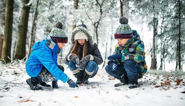 Traces d'animaux: trois enfants observent des empreintes dans la neige.