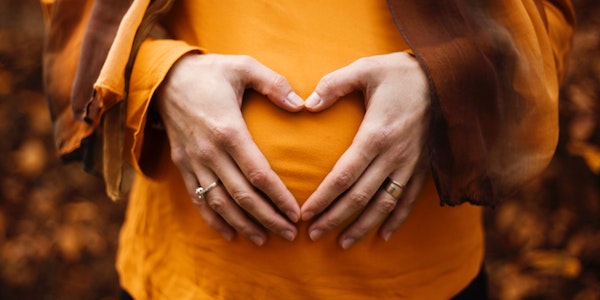 Nahaufnahme einer schwangeren Frau, die ihre Hände in Herzform über ihren Bauch hält. 