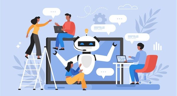 Grafische Darstellung von AI: Roboter in Tablet und Menschen, die Fragen stellen. 