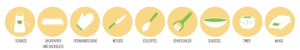 Infografik für die Utensilien von Pommes Frittes im Ofen: Schürze, Backpapier, Backblech, Ofenhandschuhe, Messer, Esslöffel, Timer, Waage, Sparschäler, Schüssel