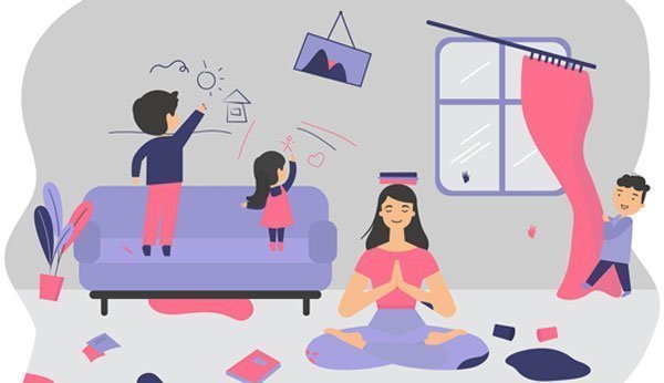 Illustration Mutter mit drei Kindern in Wohnzimmer umgeben von Chaos