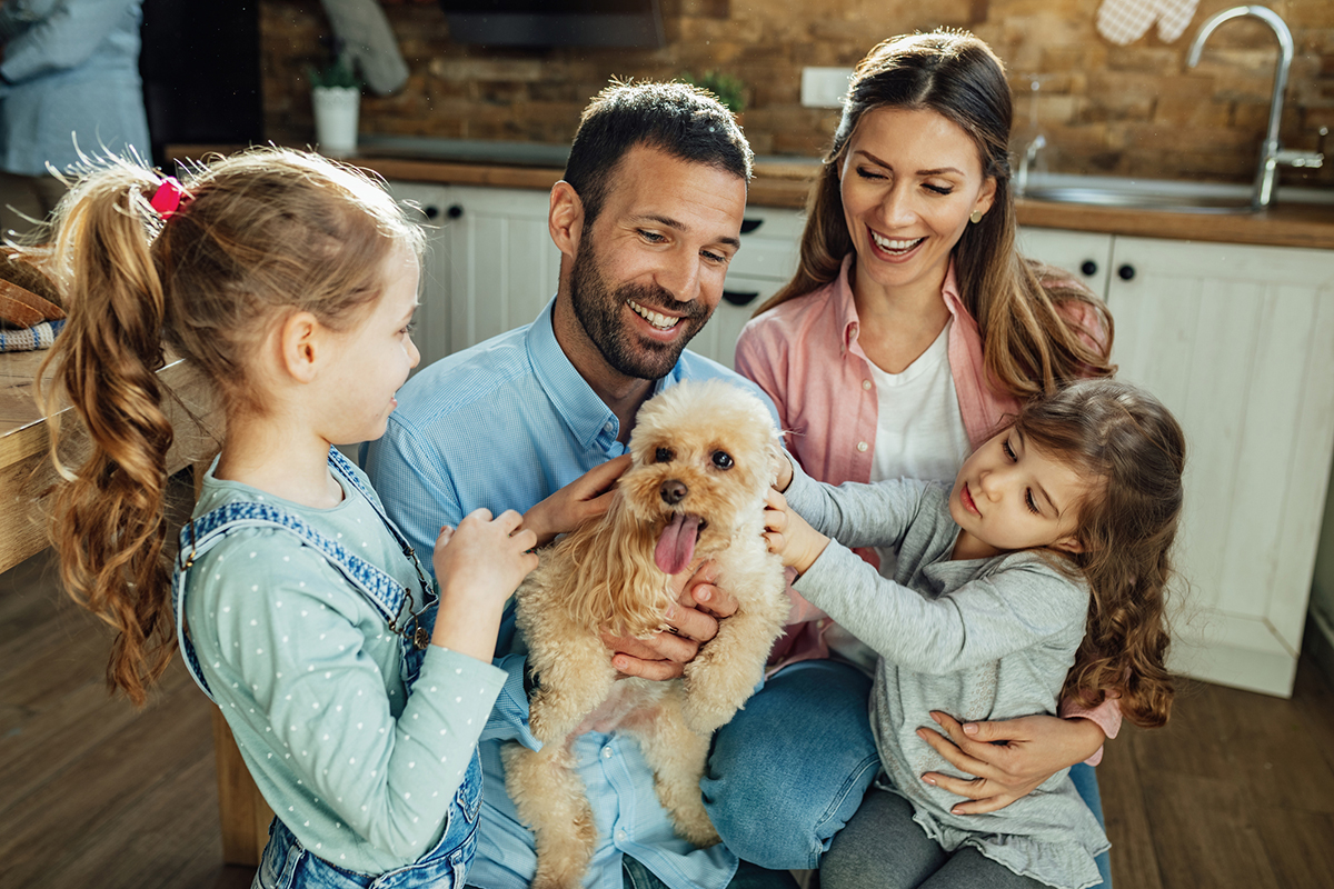 Glückliche Eltern und ihre Töchter haben Spass mit einem Hund zu Hause.