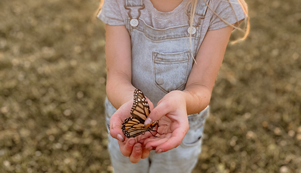 Ein Mädchen hält einen Schmetterling in der Hand.