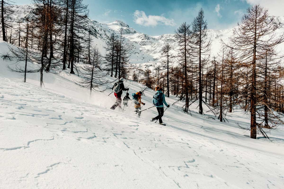 Eine Familie wandert in den Winterferien mit Schneeschuhen auf dem Simplon Pass.